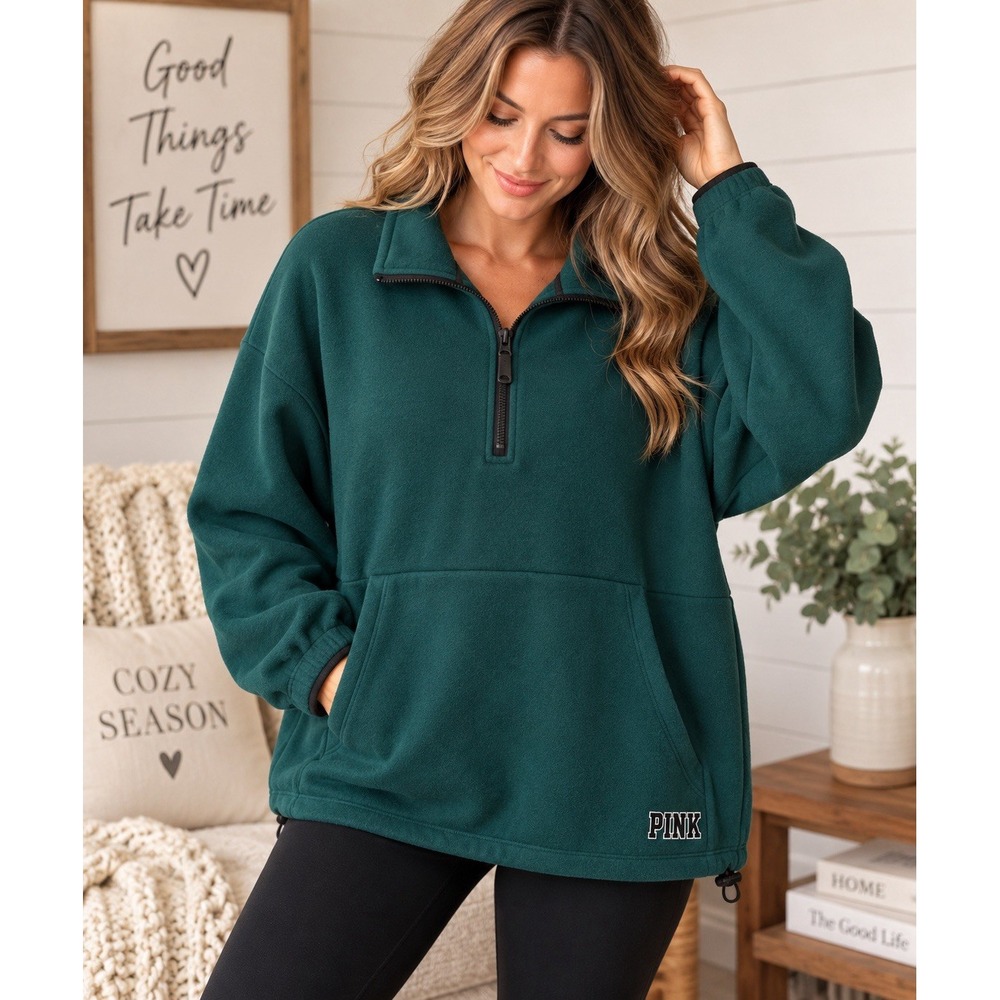 Victoria Secret PINK Quarter Zip Pullover Large Green Fleece Kangaroo Pocket